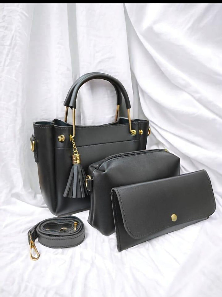 Women's PU Leather Plain Hand Bag 3 Pack